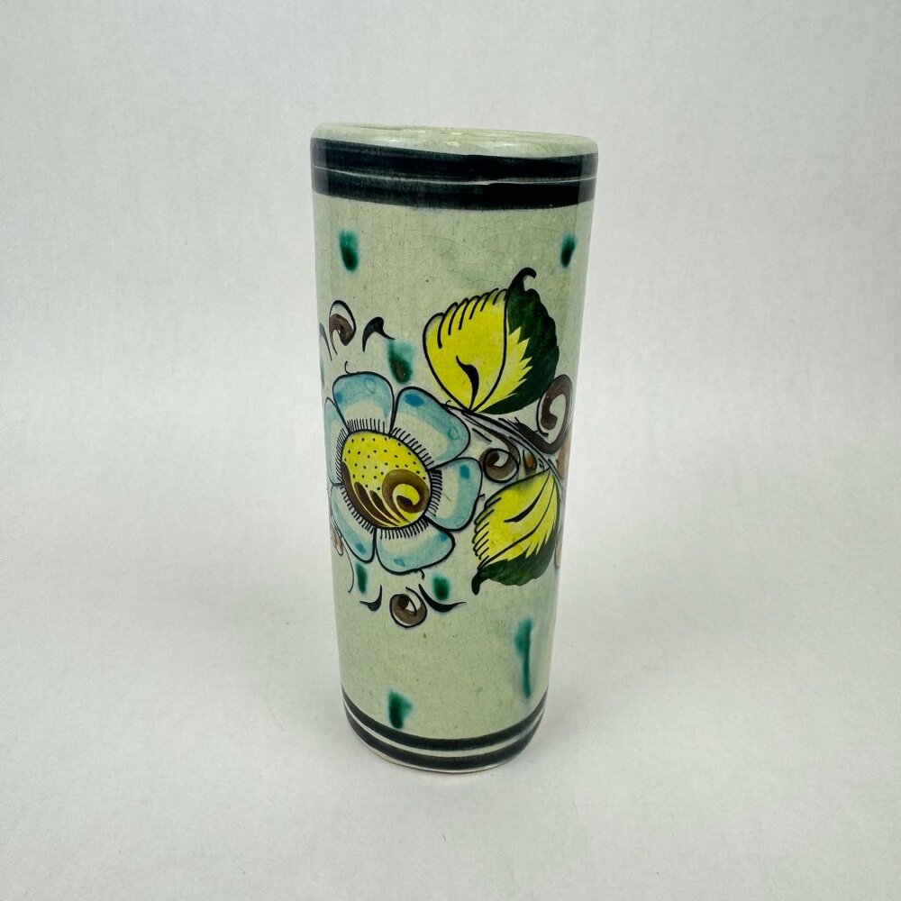 Vtg Tonala Mexican Pottery Cylinder Vase Folk Art Signed CAT Mexico 2 Available